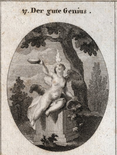 Allegorie des günstigen Genies unter der Figur eines geflügelten Kindes mit einer kleinen Flamme auf dem Kopf, sitzend auf einem Altar im Schatten einer Platane. Das Füllhorn bedeutet, dass es die Menschen mit seinen Gunstbeweisen erfüllt. Der Vater ist ei von Austrian School