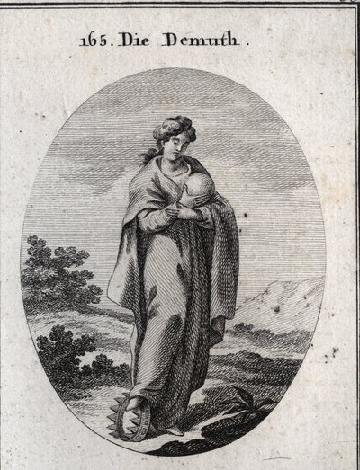 Allegorie der Demut. Unter ihrem Fuß eine Krone aus Gold, bereichert mit Edelsteinen. Sie verachtet eine Kugel, die die Erde darstellt, deren Größe sie nicht beeindruckt. von Austrian School