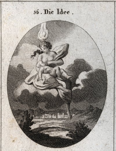 Allegorie der Idee, dargestellt mit einer Flamme auf dem Kopf und einem goldenen Kreis auf der Stirn, die ein Kind stillt. Gravur in "Iconologie oder Ideen aus dem Gebiete der Leidenschaften und Allegorien bildlich dargestellt für Zeichner, Maler, Dichter, von Austrian School
