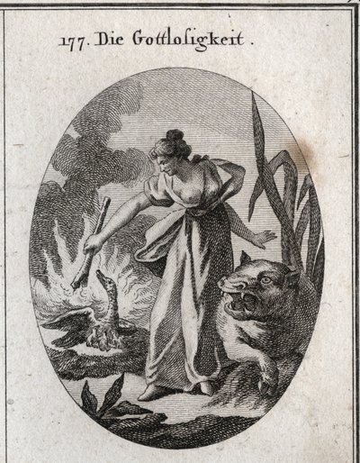Allegorie der Gottlosigkeit, die eine Fackel hält, mit der sie einen Pelikan in seinem Nest mit seinen Jungen verbrennt. Ihr Attribut ist das Nilpferd. Gravur in „Iconologie oder Ideen aus dem Gebiete der Leidenschaften und Allegorien bildlich dargestellt  von Austrian School