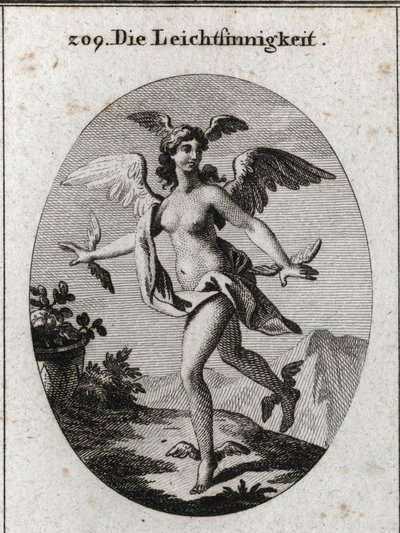 Allegorie des Lichts. Sie hat Flügel an Kopf, Schultern, Füßen und Händen. Gravur in „Iconologie oder Ideen aus dem Gebiete der Leidenschaften und Allegorien bildlich dargestellt für Zeichner, Maler, Dichter, Gelehrte, Erzieher und Freunde Höherer Geschmac von Austrian School