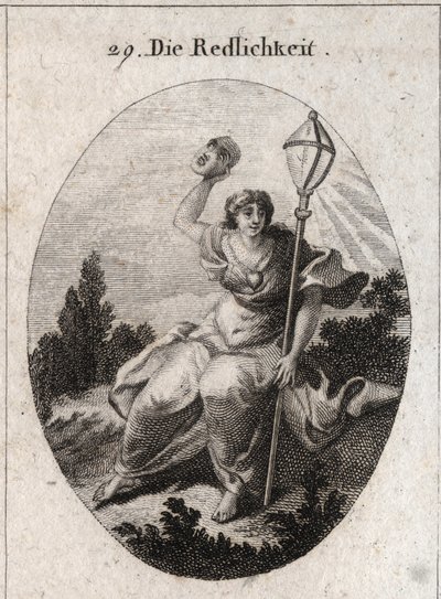 Allegorie der Loyalität (oder Aufrichtigkeit), die eine Maske wirft, das Attribut der Täuschung und Lüge. Ihr Emblem ist eine Kristalllaterne, Symbol des Blitzes. Ein Herz ist auf ihrer Brust gezeichnet. Gravur in „Iconologie oder Ideen aus dem Gebiete der von Austrian School