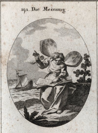 Allegorie der Meinung, dargestellt beim Lesen eines Buches, aus dem sie zu unterstützen scheint. Schmetterlingsflügel an den Schultern und Handgelenken markieren die Instabilität der Menschen in ihren Meinungen. Im Hintergrund wird ein Schiff von den Welle von Austrian School