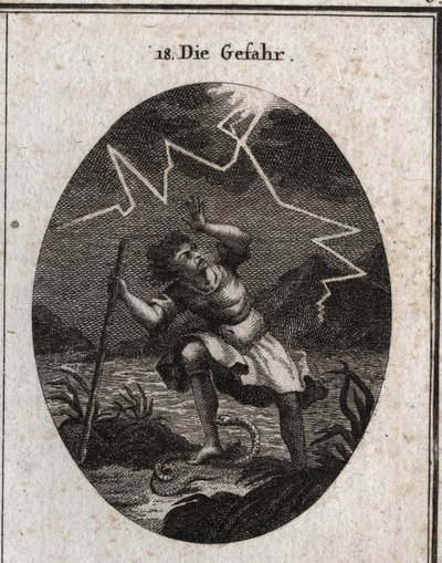 Allegorie der Gefahr, dargestellt durch einen jungen Mann, der einem schnellen Strom entkommt, indem er auf eine Schlange tritt, die ihn sticht, während gleichzeitig ein Blitz hinter ihm einschlägt. Gravur in „Iconologie oder Ideen aus dem Gebiete der Leid von Austrian School