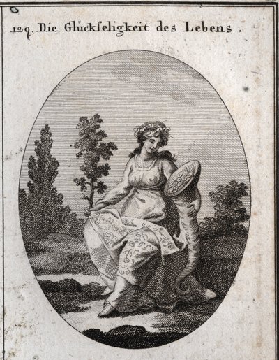 Allegorie des Wohlstands des Lebens. Reich gekleidet und mit Trauben und Attributen von Reichtum und Überfluss gekrönt. Der mit Blättern und Früchten gefüllte Eichenast bedeutet Gesundheit, aber auch Festigkeit und Unverderblichkeit. Gravur in „Iconologie  von Austrian School