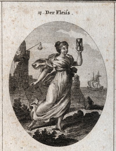 Allegorie der Fleißigkeit, die schnell geht. Ihre Attribute sind die Sanduhr und der Sporn, Symbol der Aktivität und Genauigkeit. Gravur in „Iconologie oder Ideen aus dem Gebiete der Leidenschaften und Allegorien bildlich dargestellt für Zeichner, Maler, D von Austrian School