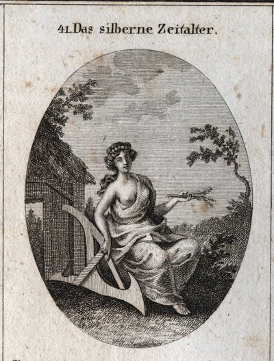 Allegorie des Silberzeitalters mit einem Griff aus Ähren, um das Land zu bebauen, und Holz, um Hütten zu bauen. Gravur in „Iconologie oder Ideen aus dem Gebiete der Leidenschaften und Allegorien bildlich dargestellt für Zeichner, Maler, Dichter, Gelehrte,  von Austrian School