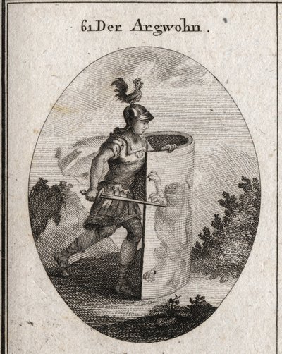 Allegorie des Verdachts, versteckt hinter einem Schild, auf dem ein Löwe steht, Symbol des Verdachts nach Aristoteles, und ein Hahn auf dem Helm, der Wachsamkeit darstellt. Gravur in "Iconologie oder Ideen aus dem Gebiete der Leidenschaften und Allegorien  von Austrian School