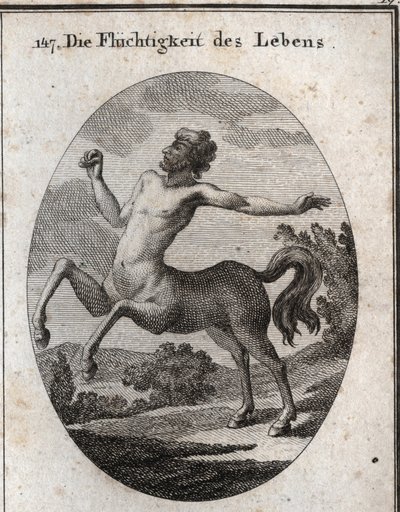 Allegorie der Geschwindigkeit des menschlichen Lebens, dargestellt durch einen Zentaur. Gravur in „Iconologie oder Ideen aus dem Gebiete der Leidenschaften und Allegorien bildlich dargestellt für Zeichner, Maler, Dichter, Gelehrte, Erzieher und Freunde Höh von Austrian School