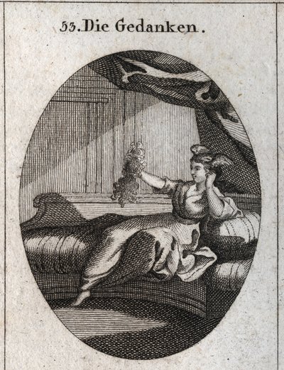 Allegorie der Gedanken, dargestellt mit Flügeln am Kopf und einem Bündel verwickelter Fäden, Bild des Durcheinanders, das die verschiedenen Gedanken verursachen. Gravur in „Iconologie oder Ideen aus dem Gebiete der Leidenschaften und Allegorien bildlich da von Austrian School