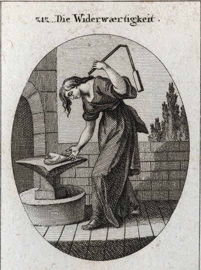 Allegorie der Trübsal. Sie hält ein Herz auf einem Amboss und schlägt es mit einer kleinen Blume, um zu zeigen, dass Trübsal alles Grobe und Unreine wegnimmt. Gravur in „Iconologie oder Ideen aus dem Gebiete der Leidenschaften und Allegorien bildlich darge von Austrian School