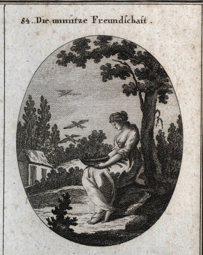 Allegorie der nutzlosen Freundschaften, die ein Nest hält, das Schwalben das Wegfliegen ermöglicht. Gravur in „Iconologie oder Ideen aus dem Gebiete der Leidenschaften und Allegorien bildlich dargestellt für Zeichner, Maler, Dichter, Gelehrte, Erzieher und von Austrian School