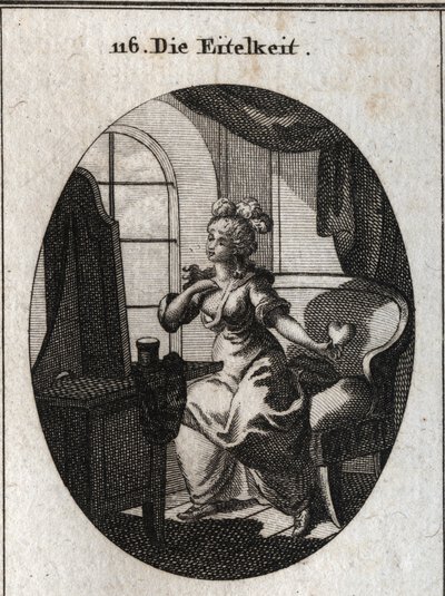 Allegorie der Eitelkeit. Sie möchte gefallen und beachtet werden, daher wird sie vor ihrem Toilettentisch dargestellt, wie sie sich vor dem Spiegel schmeichelt und ein Herz in der Hand hält. Gravur in „Iconologie oder Ideen aus dem Gebiete der Leidenschaft von Austrian School