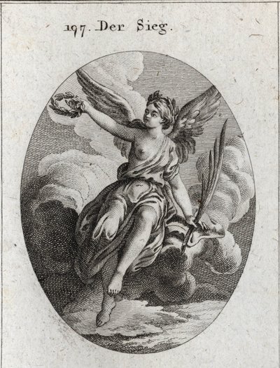 Allegorie des Sieges. Sie hat Flügel und hält eine Palme und einen Lorbeerkranz. Gravur in „Iconologie oder Ideen aus dem Gebiete der Leidenschaften und Allegorien bildlich dargestellt für Zeichner, Maler, Dichter, Gelehrte, Erzieher und Freunde Höherer Ge von Austrian School