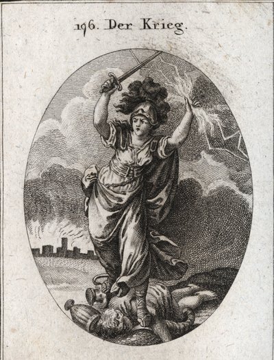 Allegorie des Krieges. Sie hält einen Blitz und ein nacktes Schwert und zerbricht unter ihren Füßen goldene und silberne Vasen und eine Statue des Gottes Plutus, die durch ein Füllhorn und eine Augenbinde symbolisiert wird. Im Hintergrund die Mauern einer  von Austrian School