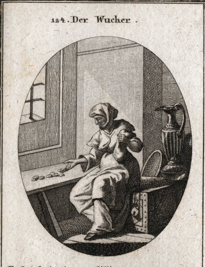 Allegorie des Reichtums, die auf einem Safe sitzt und Münzen zählt. Weitere Reichtümer sind in ihrer Nähe für größere Sicherheit. Gravur in „Iconologie oder Ideen aus dem Gebiete der Leidenschaften und Allegorien bildlich dargestellt für Zeichner, Maler, D von Austrian School