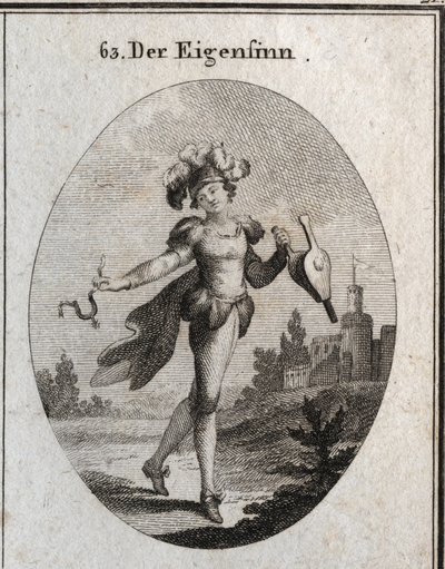 Allegorie der Laune. Sein Kostüm und seine Federn zeigen die Unbeständigkeit der Launen des Launischen. Die Blasebalg und der Sporn, die er hält, zeigen, dass er sowohl Tugend als auch Laster gleichgültig lobt. Gravur in „Iconologie oder Ideen aus dem Gebi von Austrian School