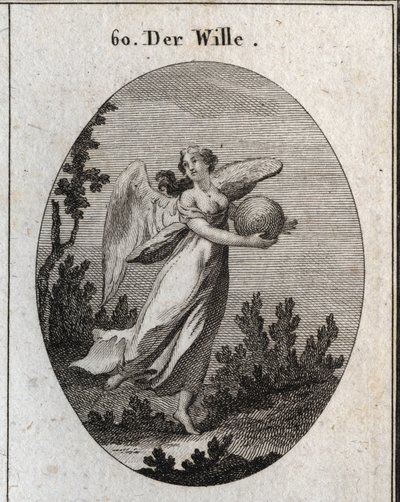 Allegorie des Willens. Sie ist geflügelt dargestellt und hält eine Kugel in verschiedenen Farben. Gravur in „Iconologie oder Ideen aus dem Gebiete der Leidenschaften und Allegorien bildlich dargestellt für Zeichner, Maler, Dichter, Gelehrte, Erzieher und F von Austrian School