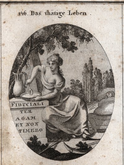 Allegorie des Arbeitslebens, die im Schatten eines Weinstocks sitzt. Sie wird dargestellt, wie sie sich darauf vorbereitet, in einem Teich zu essen und mit ihrem Fuß ein Kind zu wiegen. Pfluginstrumente sind neben ihr platziert. Gravur in „Iconologie oder  von Austrian School