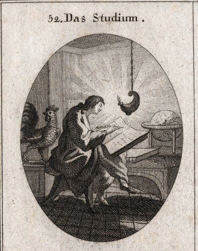 Allegorie des Schreibens an einem von Licht erleuchteten Schreibtisch. Der Hahn ist das Attribut der Wachsamkeit. Gravur in „Iconologie oder Ideen aus dem Gebiete der Leidenschaften und Allegorien bildlich dargestellt für Zeichner, Maler, Dichter, Gelehrte von Austrian School