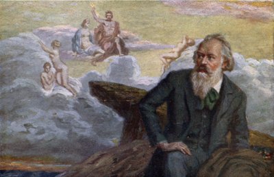 Postkarte mit Johannes Brahms, der seine 1. Symphonie Op.68 komponiert, ca. 1900 von Austrian School