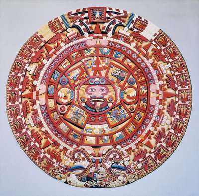 Präkolumbianische Zivilisation: Der Aztekenkalender (Stein der Sonne): Scheibe, die den Aztekenkalender und die Kosmogonie darstellt (Tonalpohualli) von Aztec Aztec