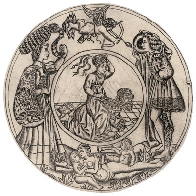 Aristoteles und Phyllis, umgeben von einem jungen Mann und einer Frau mit Eros, und eine liegende nackte Frau mit zwei Kindern, zweite Hälfte des 15. Jahrhunderts von Baccio Baldini