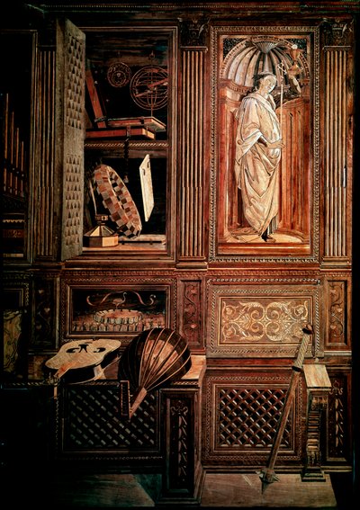Studiolo von Herzog Federico III von Montefeltre, Herzog von Urbino. Detail mit Darstellung eines Mazzocchio. Holzmosaik, Verzierungen ausgeführt von Baccio Pontelli (1450-92) nach Zeichnungen von von Baccio Pontelli