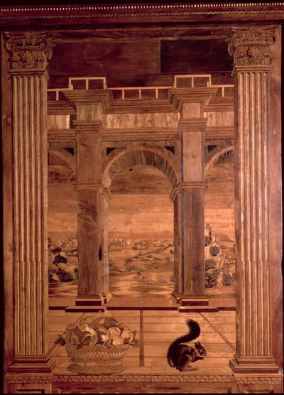 Das Arbeitszimmer von Federigo da Montefeltro, Herzog von Urbino: Intarsienpaneele, die eine weite Landschaft durch die Bögen einer Arkadenterrasse zeigen, entworfen von Baccio Pontelli von Baccio Pontelli