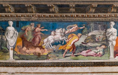 Prokris aufgespießt vom unfehlbaren Speer, Kephalos läuft auf sie zu und Aurora und Titone auf einem von vier Pferden gezogenen Wagen von Baldassarre Peruzzi