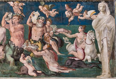 Triumph der Venus, Meereslandschaft mit Delfinen und Cupidos von Baldassarre Peruzzi