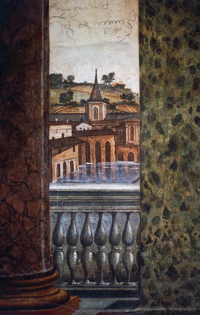 Gebäude am Wasser, Detail aus einem Fresko in der Halle der Perspektiven von Baldassarre Peruzzi