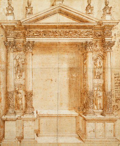 Entwurf für einen Altar mit einem Giebel-Tabernakel, unterstützt von gepaarten korinthischen Statuen von St. Lucia, St. Agnes, St. Ansanus und St. Stephan in Nischen dazwischen von Baldassarre Peruzzi