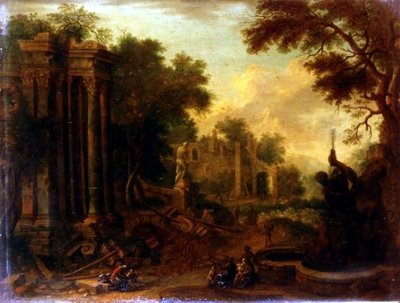 Waldlandschaft mit Reisenden, die bei klassischen Ruinen rasten (eines von einem Paar) von Balthasar (circle of) Beschey
