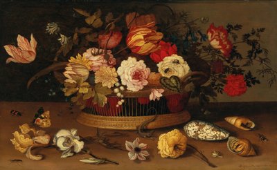 Ein Weidenkorb mit Blumen und Muscheln auf einem Steinvorsprung von Balthasar van der Ast