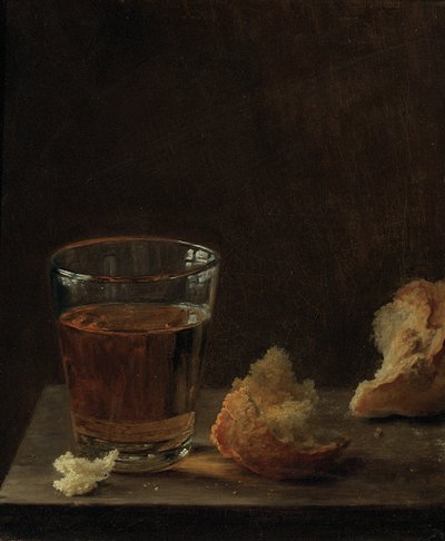 Ein Glas Bier und ein Brötchen auf einem Tisch von Balthasar Denner