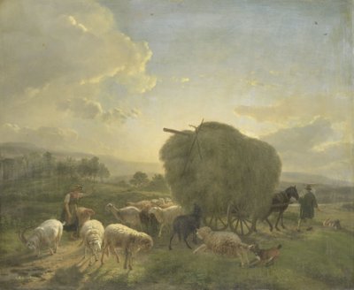 Landschaft mit Schafen und einem Heuwagen von Balthasar Paul Ommeganck