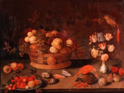 Stillleben mit Pfirsichen, Äpfeln und Trauben in einem Weidenkorb, Blumen in einer chinesischen Vase und zwei Papageien auf einem Tisch von Balthasar van der(follower of) Ast