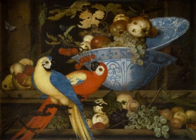 Früchtestillleben mit zwei Papageien von Balthasar van der Ast