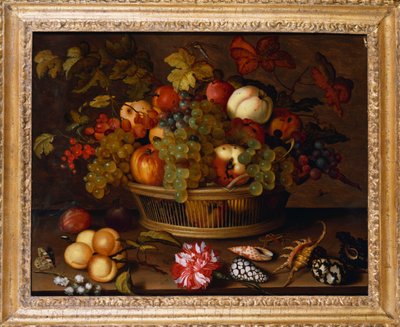 Trauben, Äpfel, ein Pfirsich und Pflaumen in einem Korb mit Maiglöckchen von Balthasar van der Ast