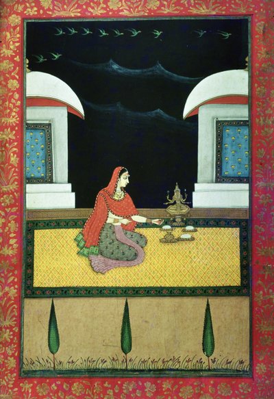 Frau auf einem Teppich sitzend, 1750 von Bangazi Ragini
