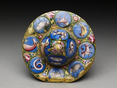 Schüssel mit Deckel, Untertasse und Löffel mit astrologischer Dekoration, frühes 19. Jh. von Baqir