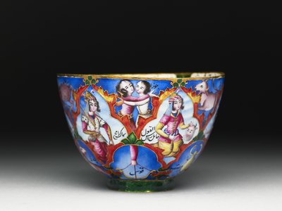 Gedeckter Schüssel, Untertasse und Löffel mit astrologischer Dekoration, frühes 19. Jahrhundert von Baqir