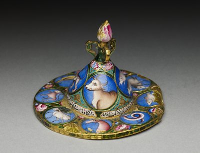 Gedeckter Schüssel, Untertasse und Löffel mit astrologischer Dekoration, frühes 19. Jahrhundert von Baqir