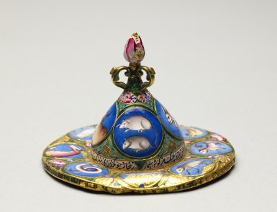 Gedeckter Schüssel, Untertasse und Löffel mit astrologischer Dekoration, frühes 19. Jahrhundert von Baqir
