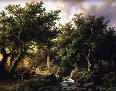 Eine bewaldete Landschaft mit einer Kapelle von Barend Cornelis Koekkoek