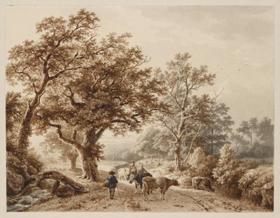 Eine Landschaft mit schwerem Eichenholz, bestückt mit Vieh und Figuren von Barend Cornelis Koekkoek