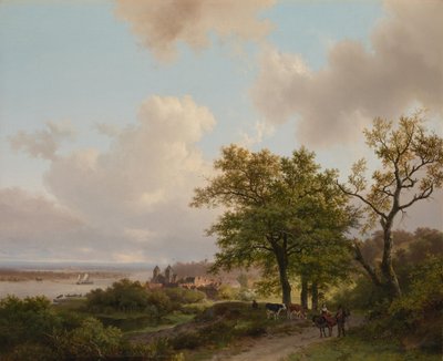Eine Stadt an einem Fluss von einer Höhe aus gesehen von Barend Cornelis Koekkoek