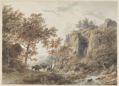In einer felsigen Landschaft beten Bauern vor einer Kapelle von Barend Cornelis Koekkoek