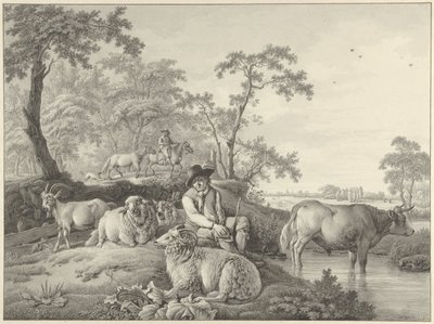 Schäfer mit Schafen, einer Ziege und einem jungen Stier in einer Landschaft von Barend Hendrik Thier